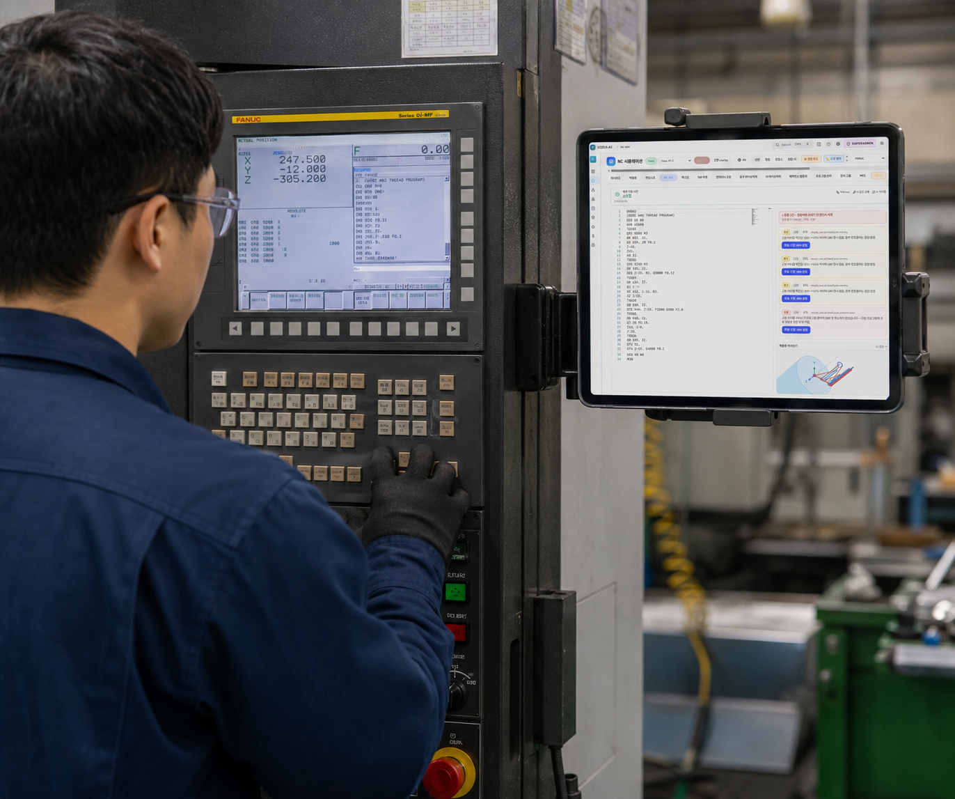 DOOSAN LYNX 2100LY · FANUC Series 0i-MF 컨트롤러 옆에 거치된 NC-SIM 태블릿이 G-code 와 AI 분석 결과를 실시간으로 표시 — 작업자가 컨트롤러를 조작하면서 태블릿으로 송수신·검증